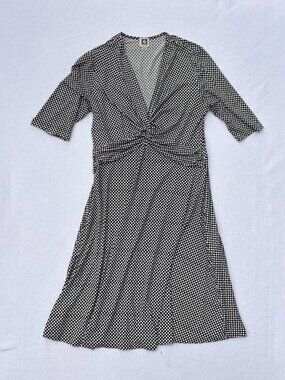 Anne Klein Black White Polka Dot Twist 3/4 Sleeve Midi Dress Sz L Corpcore Cute
